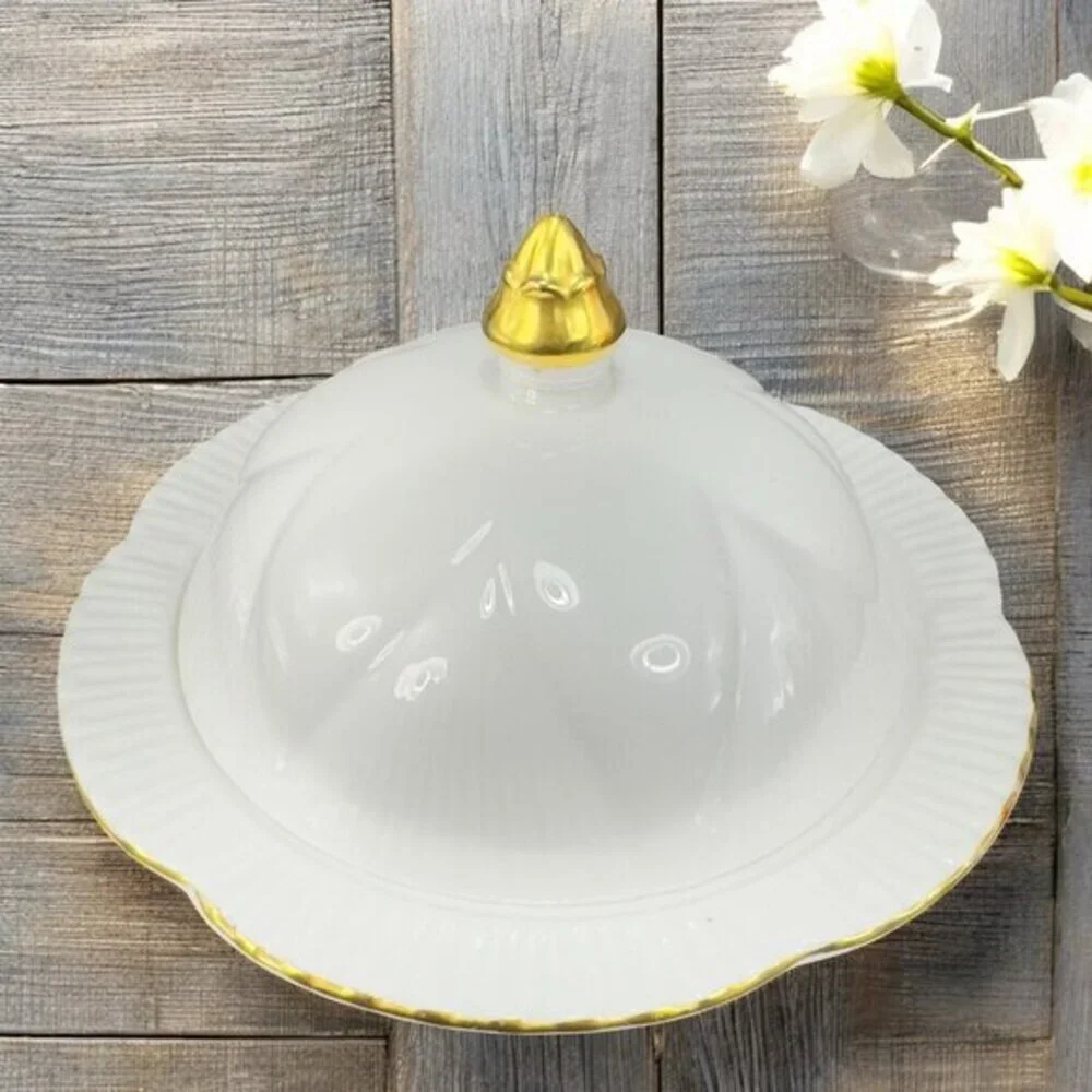 Shelley Bone China Covered Butter Dish England White With Gold Accents‎ Vintage